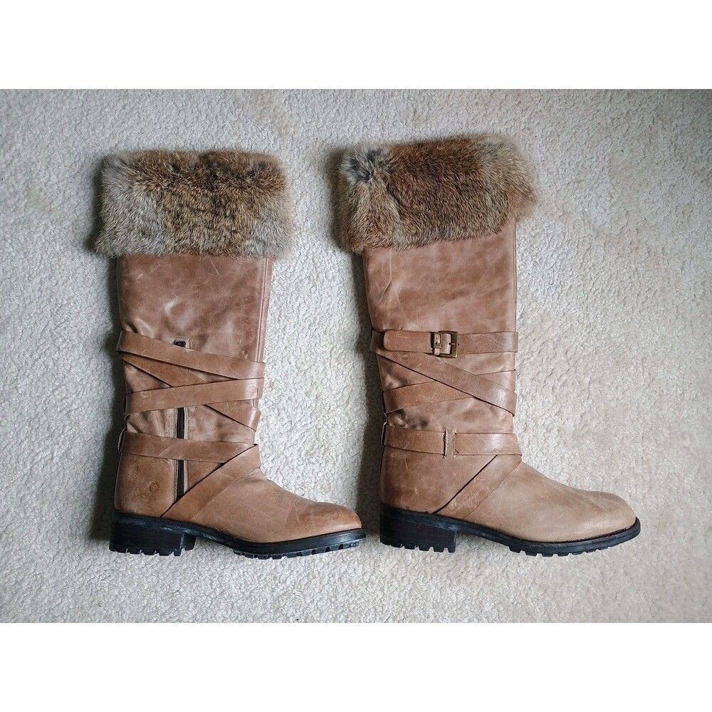 FABIANELLI Boots Womens Sz 10 EU41 Knee High Brown Fur Trimmed ITALIAN